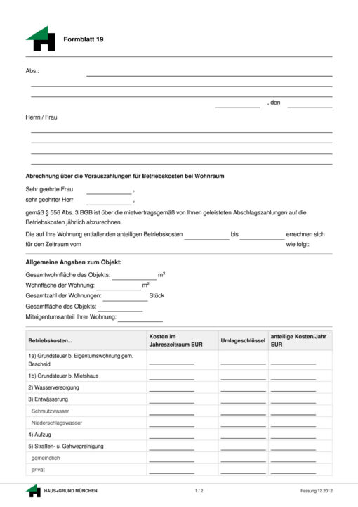 Nebenkostenabrechnung Vorlage